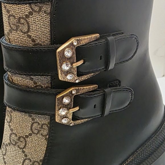 New Gucci Kensington GG Supreme Jeweled Buckle Black Bootie Boots Sz 38 - Picture 2 of 8